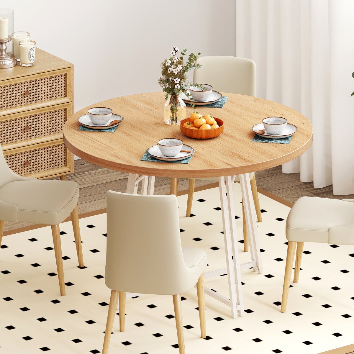 47 Inch Dining Table for 4-6 People Round Kitchen Table with 8 Metal Supporting Legs and Cross Base-Brown