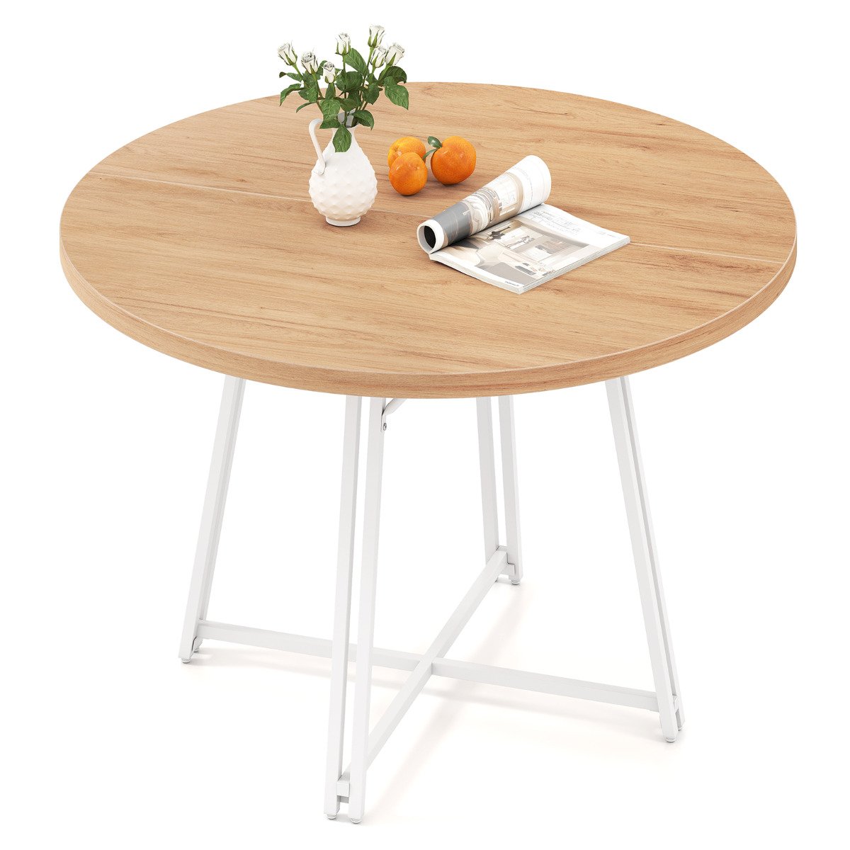 47 Inch Dining Table for 4-6 People Round Kitchen Table with 8 Metal Supporting Legs and Cross Base-Brown