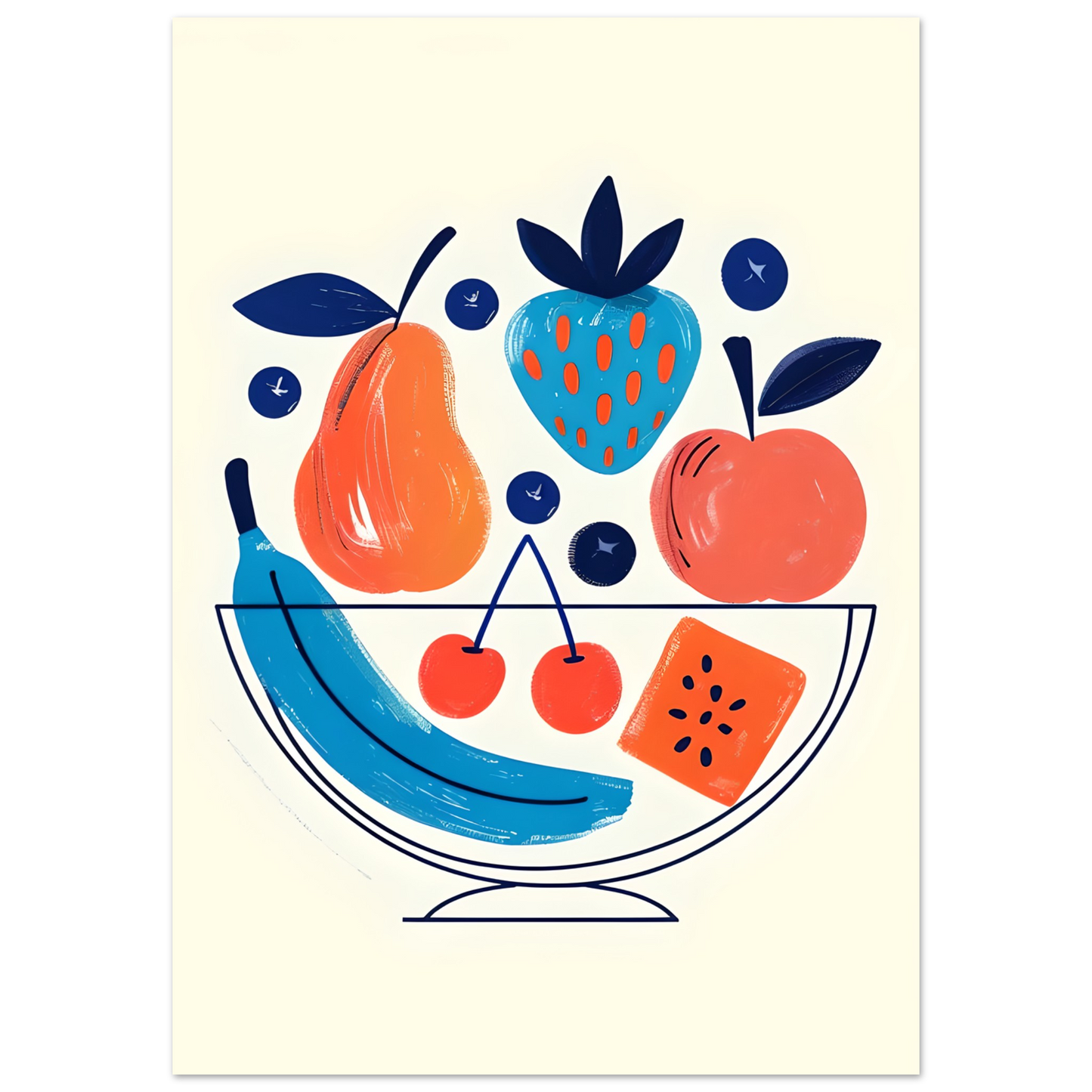 Modern Fruit Bowl Poster - Scandinavian Kitchen Wall Art - Colorful Food Illustration Print
