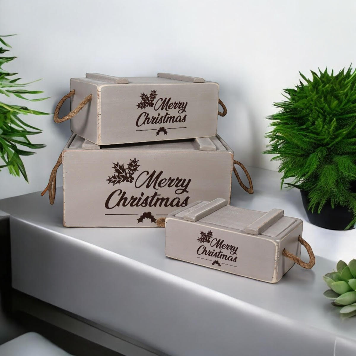 S/3 RUSTIC GREY CRATES WITH LIDS ROPE HAND