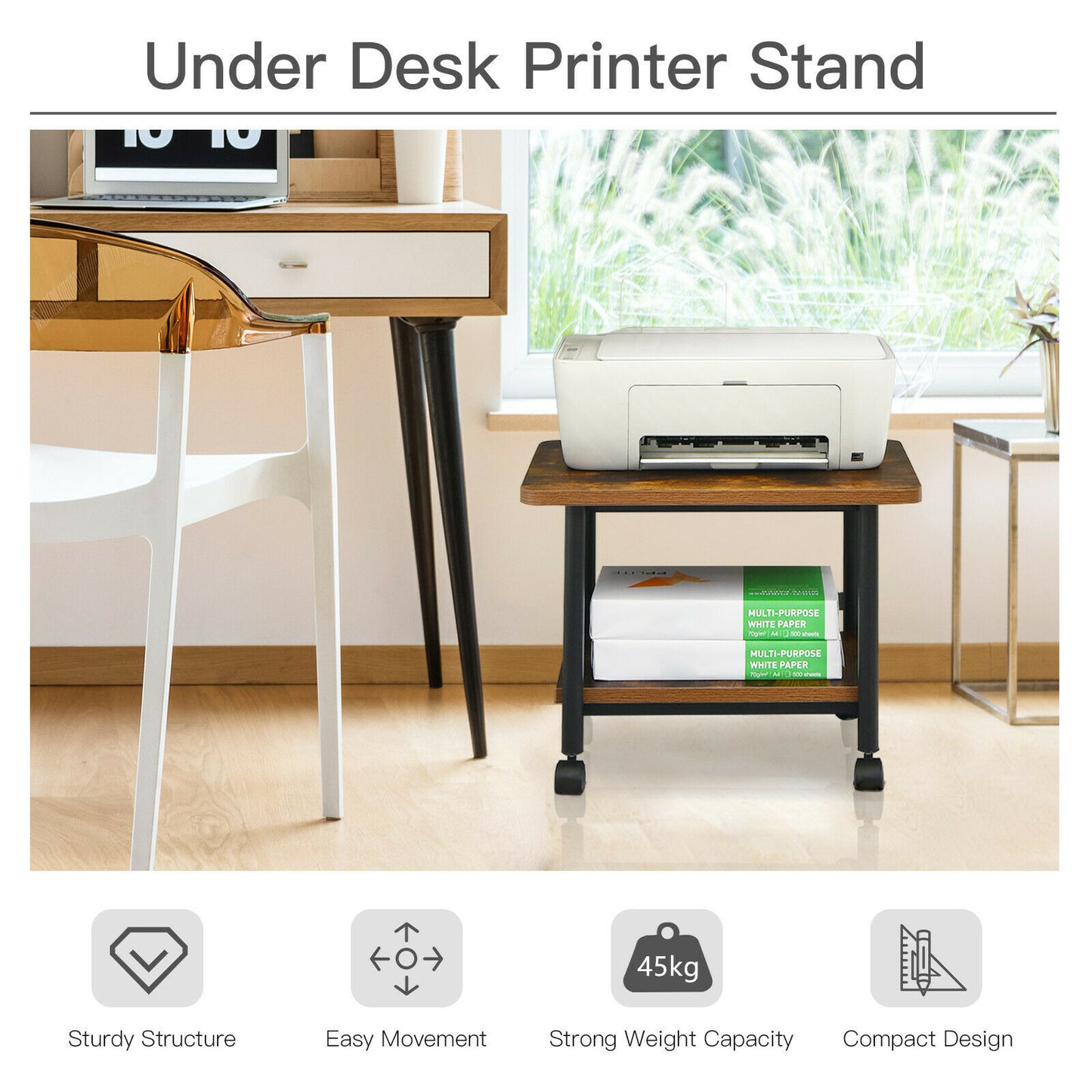 2 Tier Wooden Printer Stand with 360° Swivel Casters-White