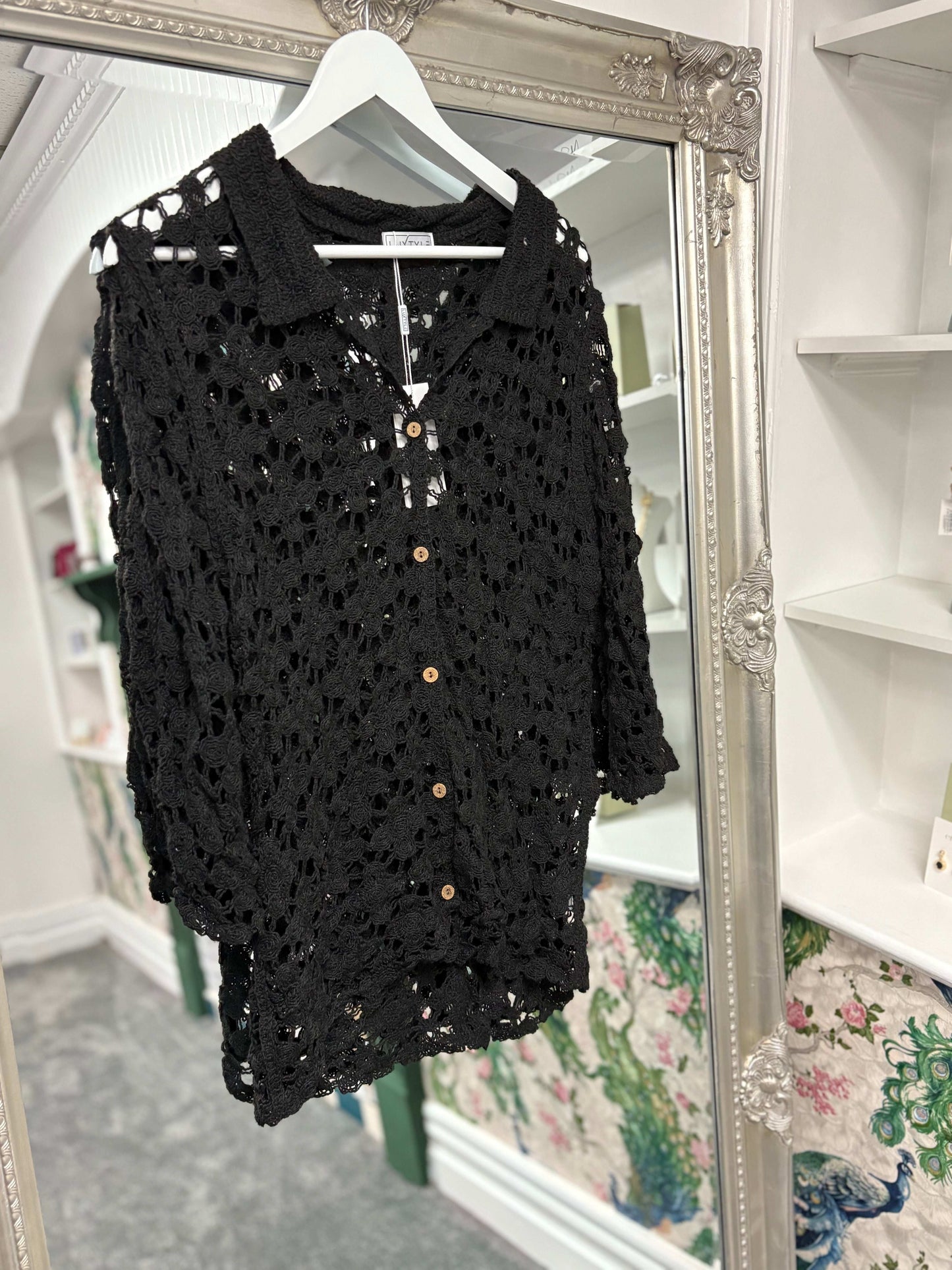 Luxtyle Flower Crochet Shirt | Sheer Lace Button Blouse | One Size Fits 8–14/16