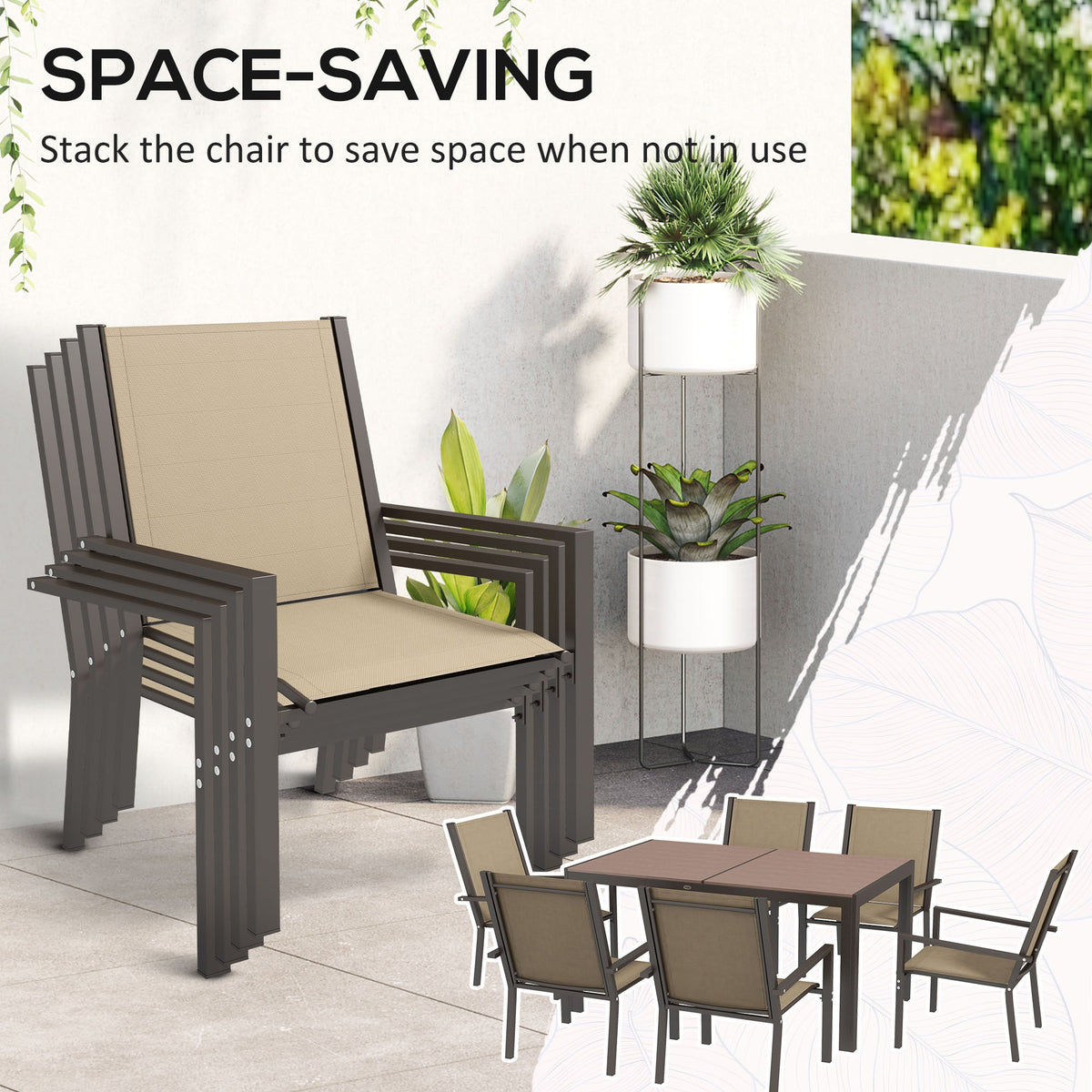 Outsunny 7 PCs Garden Dining Set, Wood-plastic Composite Table & 6 Chairs, Khaki