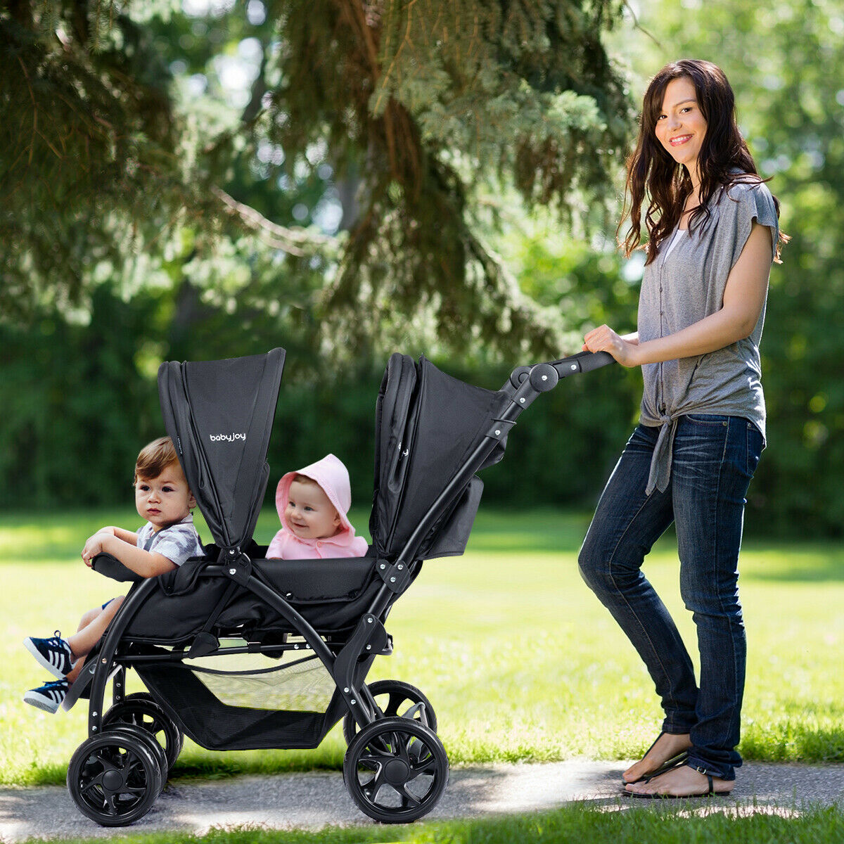 Double Pushchair with Adjustable Backrest and Sunshade-Blue