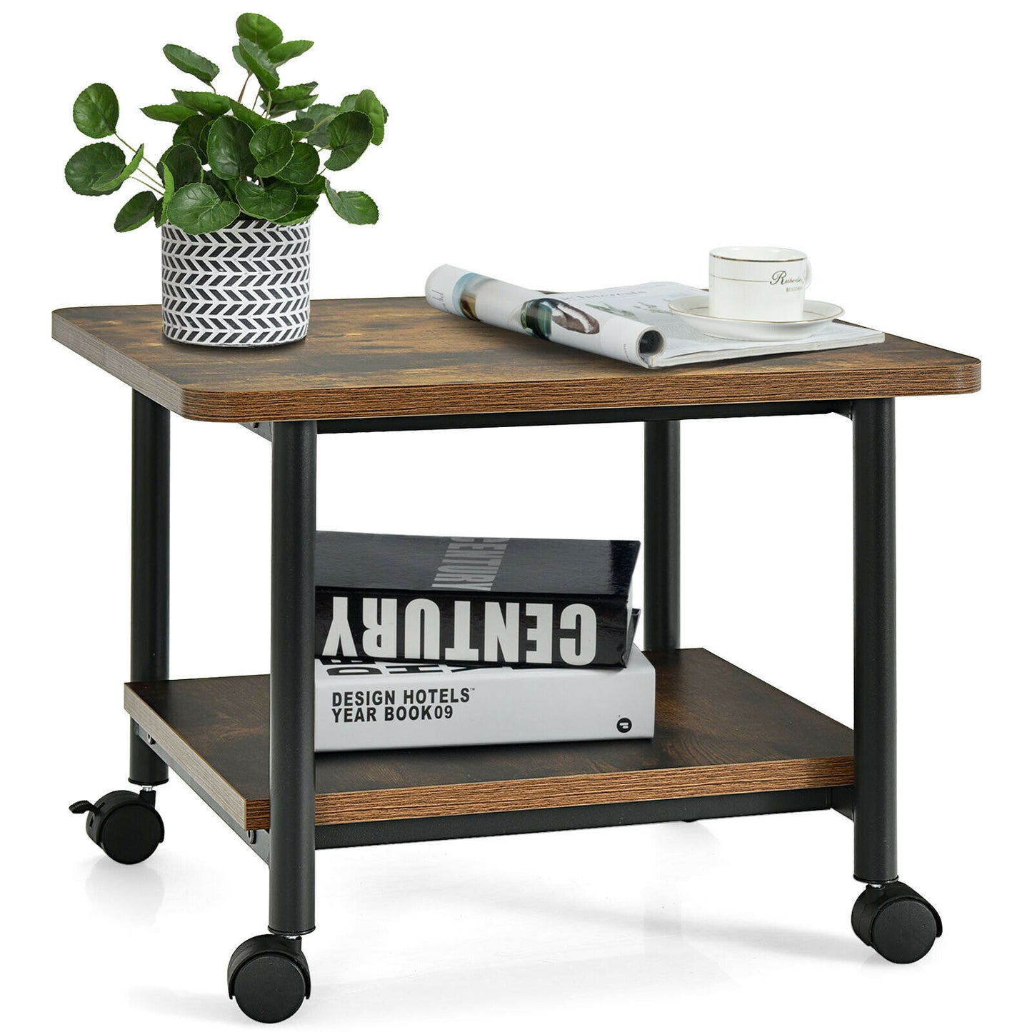 2 Tier Wooden Printer Stand with 360° Swivel Casters-White