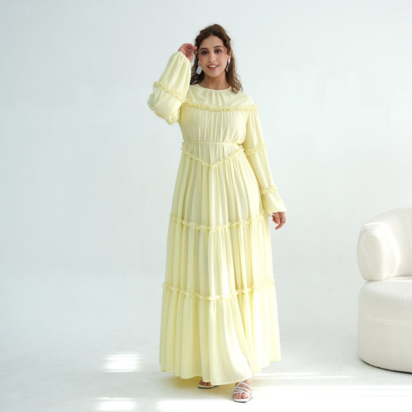 Lace-Trimmed Tiered Modest Dress - Long Sleeve A-Line Maxi