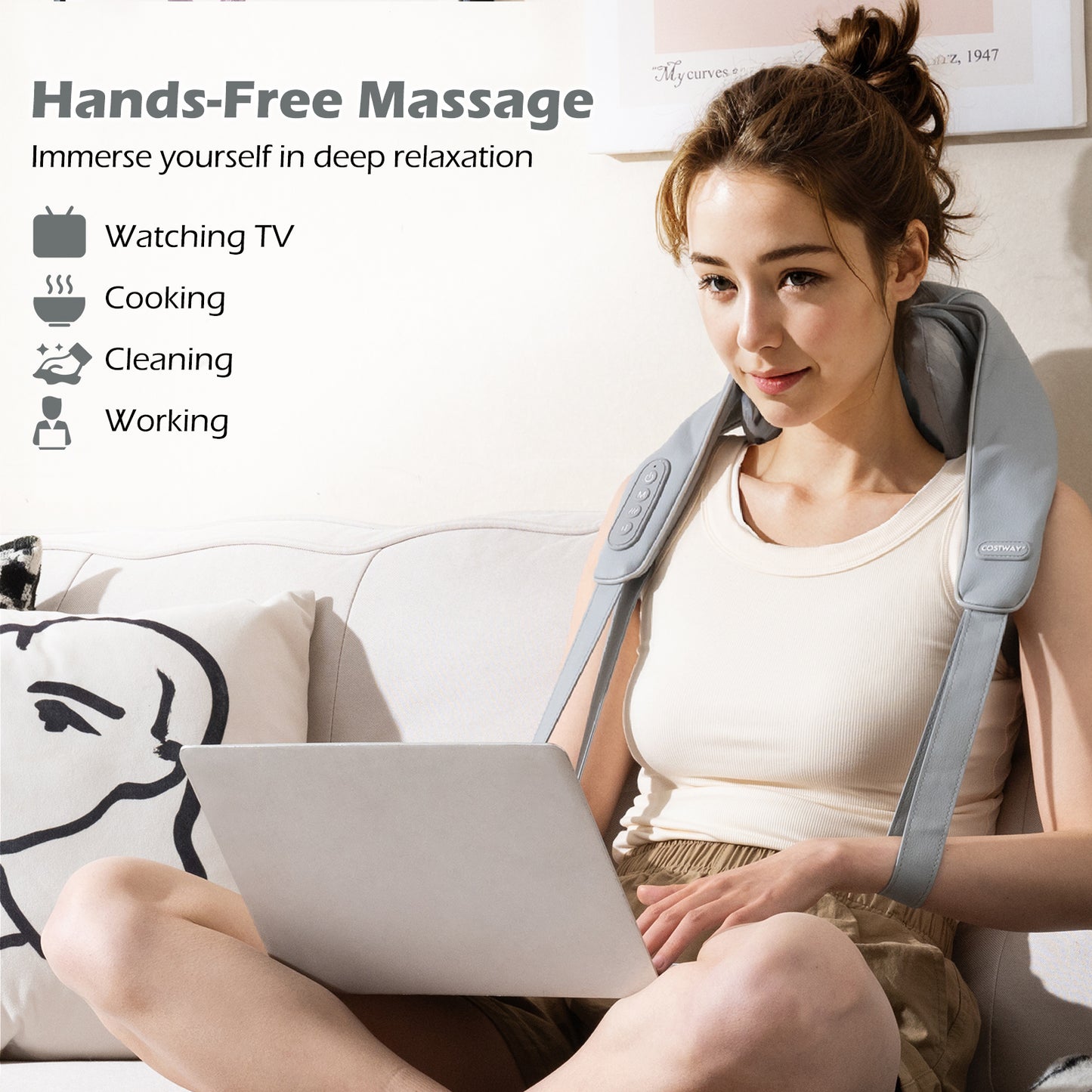 4D Deep Tissue Kneading Shiatsu Neck Shoulder Massager with 2 Heating Levels-Beige