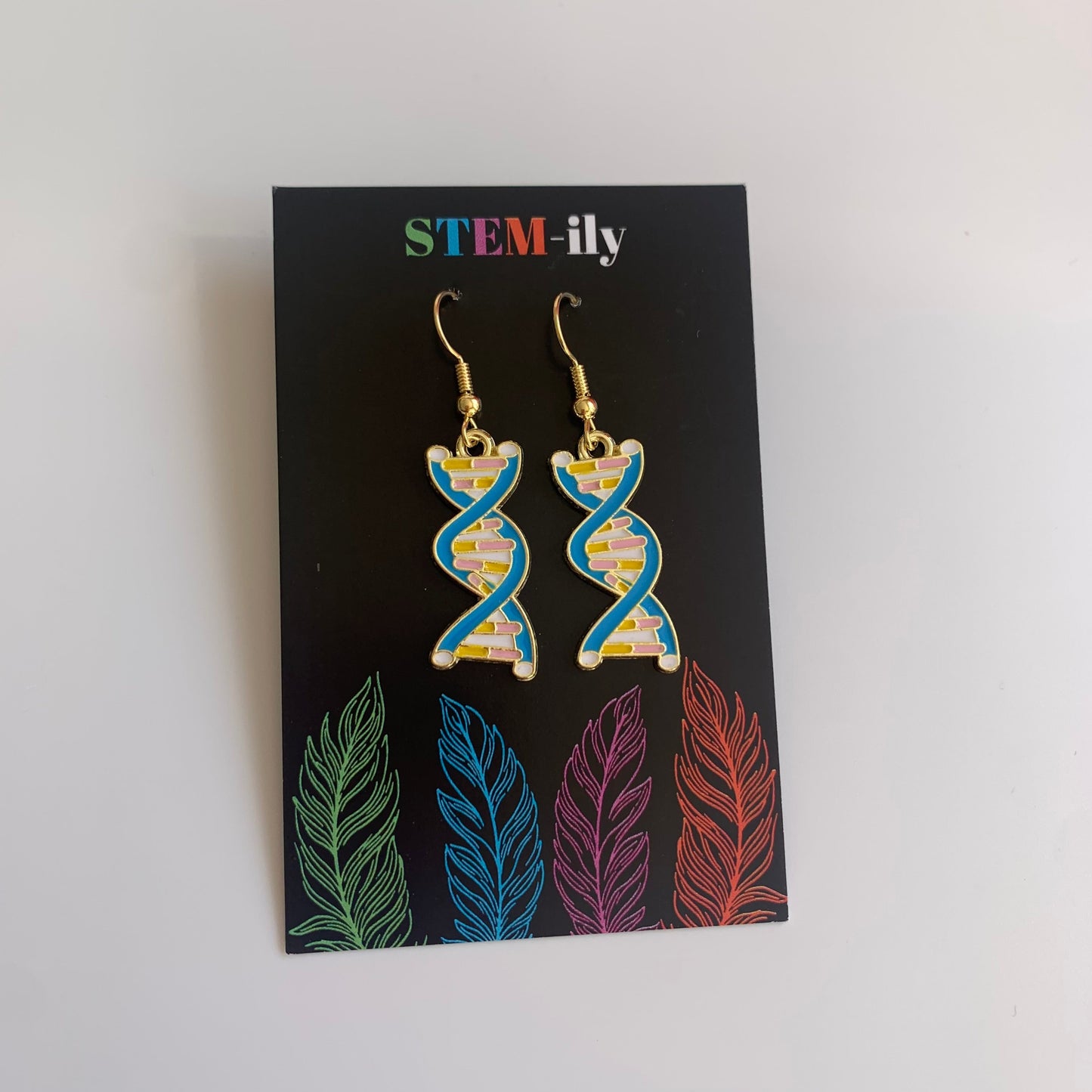 Gold science blue DNA blue dangle drop earrings