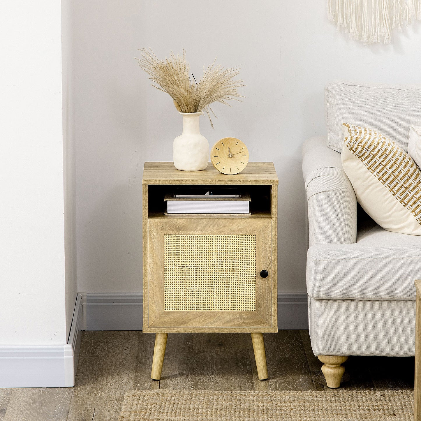 HOMCOM Nightstand, Rattan Bedside Table w/ Cabinet, Shelf, Natural