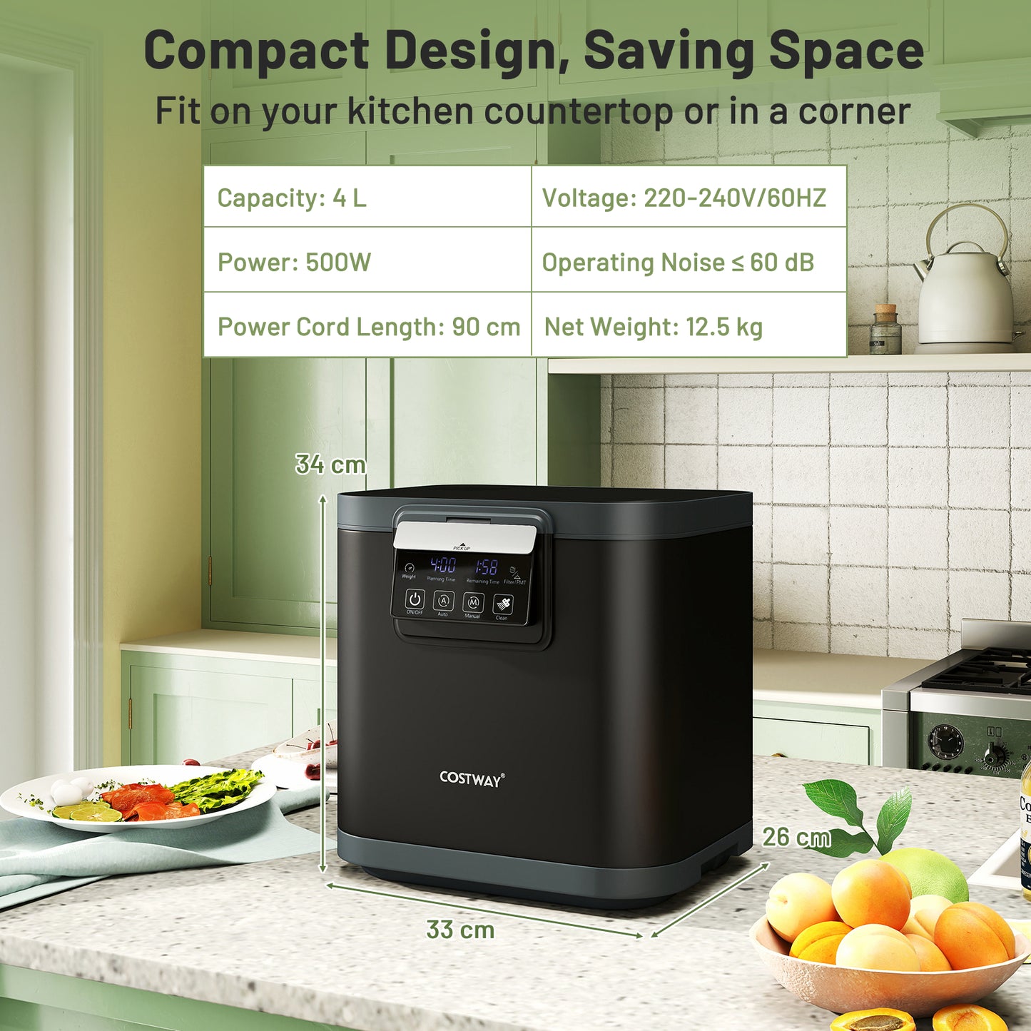 4L Kitchen Electric Composter with 2 Activated Carbon Filters and Auto-Cleaning-Black