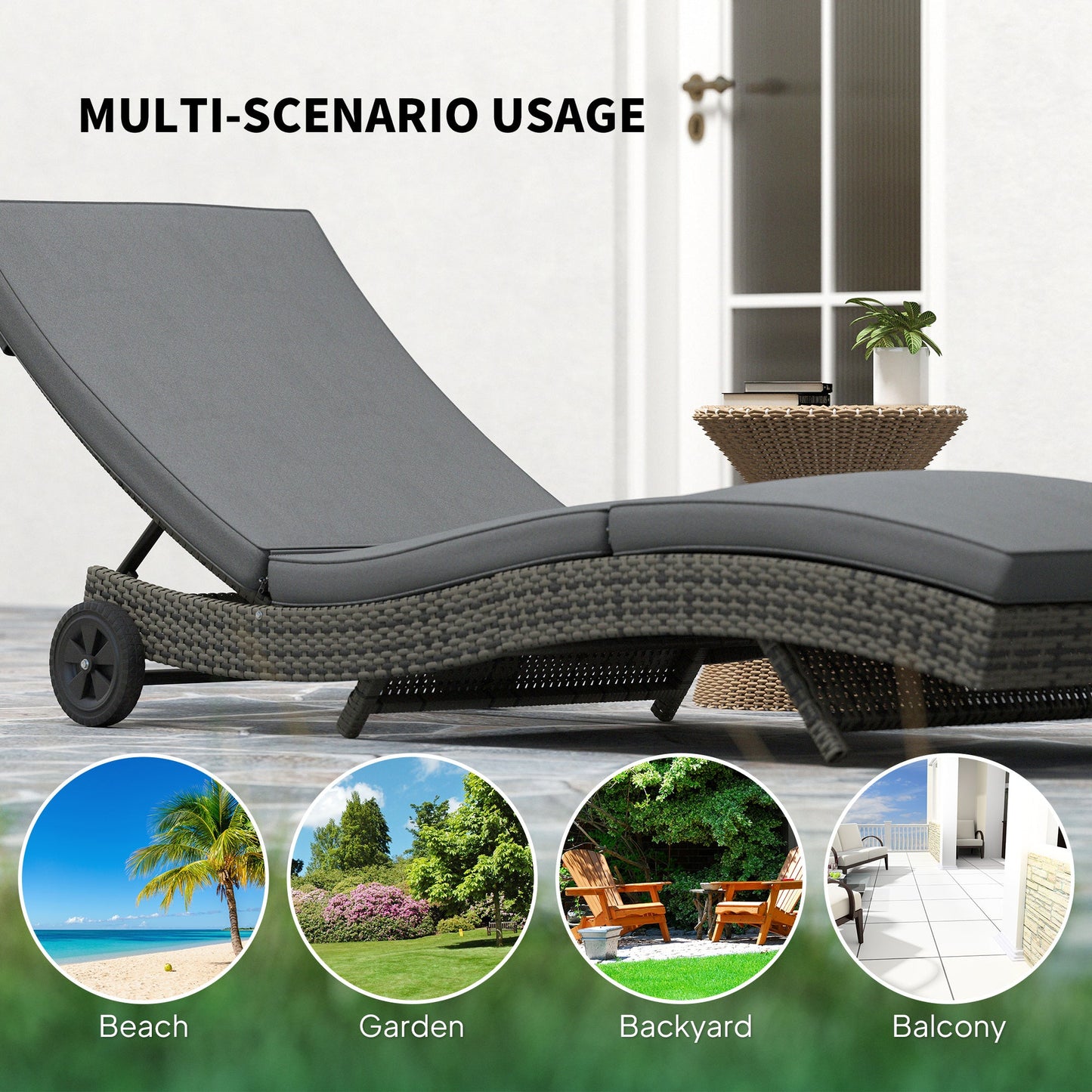 Outsunny Outdoor Rattan Sun Lounger with Reclining Back, Wheels, Dark Grey