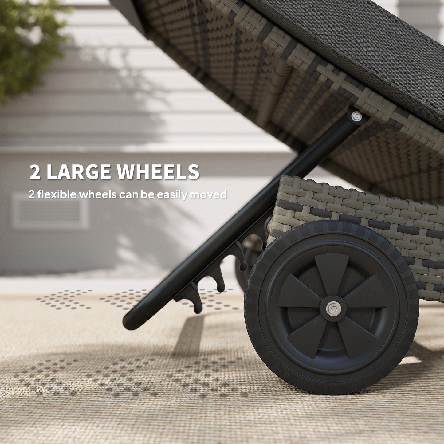 Outsunny Outdoor Rattan Sun Lounger with Reclining Back, Wheels, Dark Grey