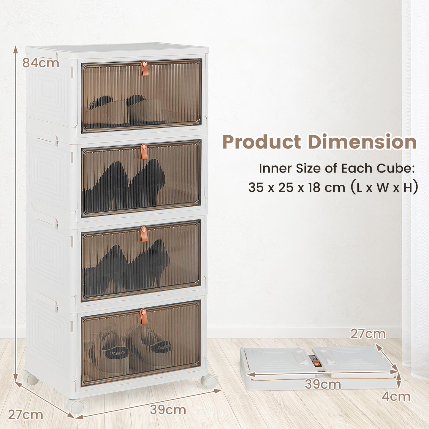 3/4/6-Tier Stackable Shoe Storage Box with Lockable Wheels-4-Tier