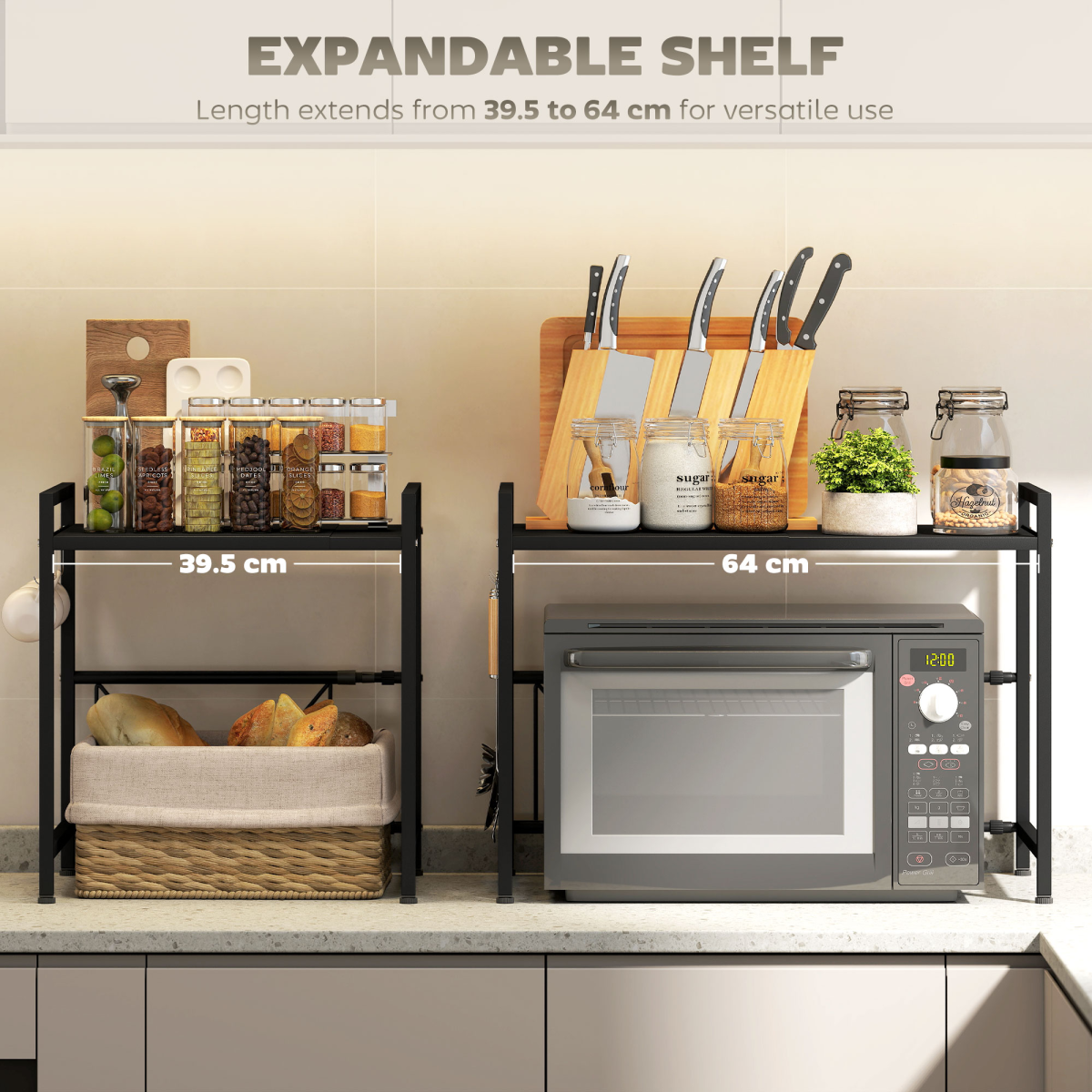 HOMCOM 2-Tier Expandable Microwave Oven Rack with 3 Hooks, Black