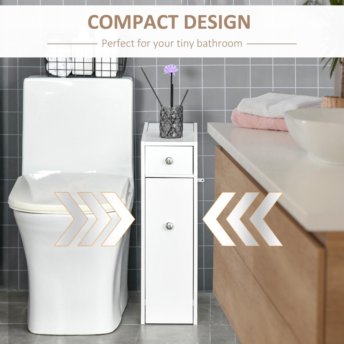 HOMCOM Slim Floor Cabinet Narrow Wooden Storage with Drawers Bathroom White