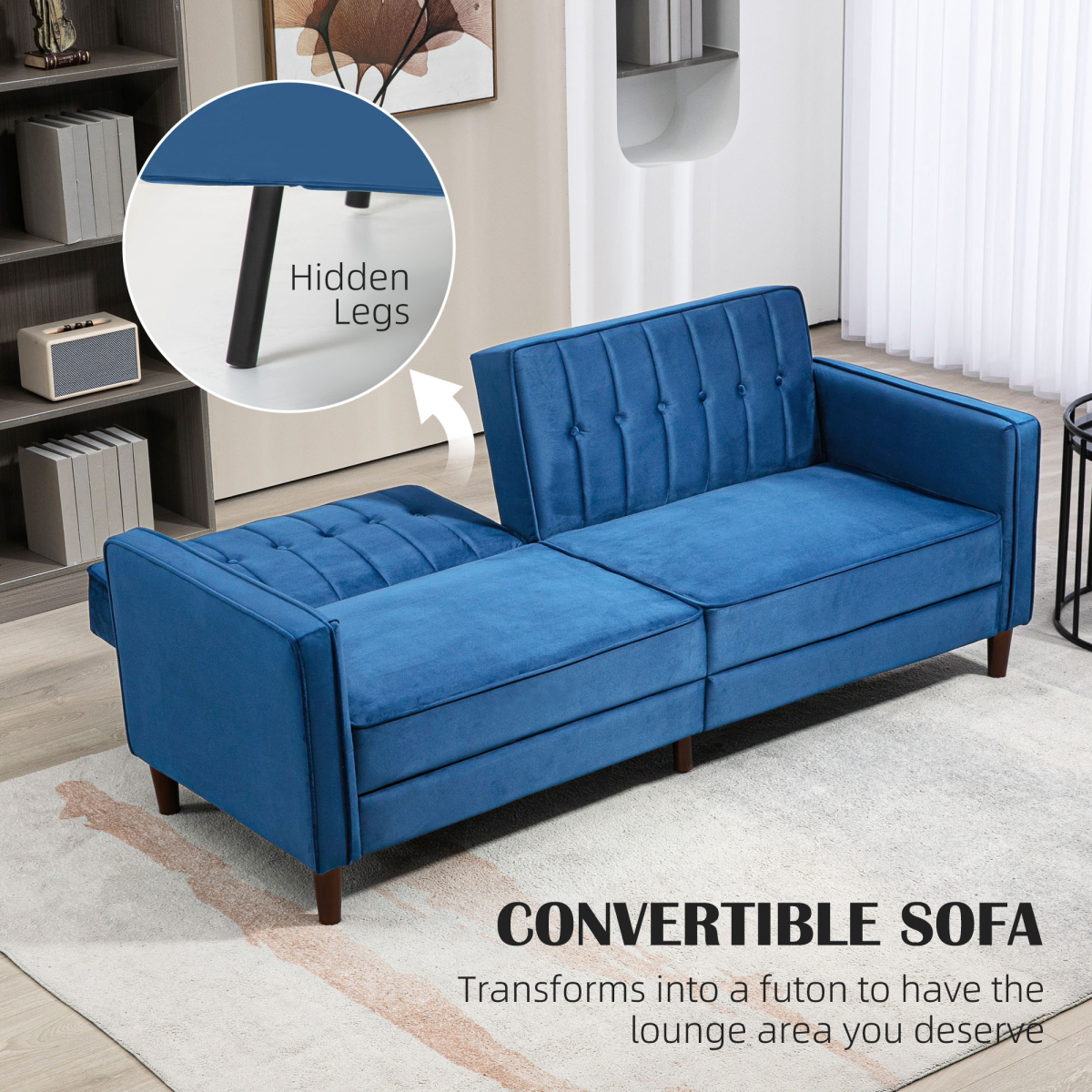 HOMCOM Convertible Sofa Futon Velvet-Touch Tufted Couch Sofa Bed Blue
