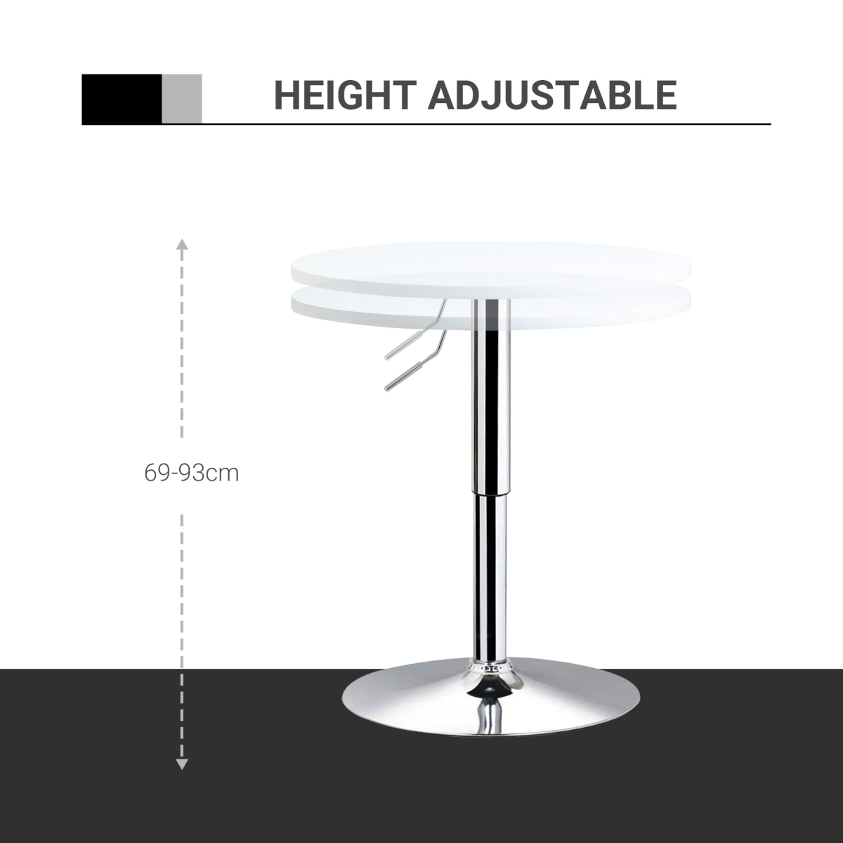 60cm Adjustable Height Round Bar Table w/ Swivel Top Metal Frame White