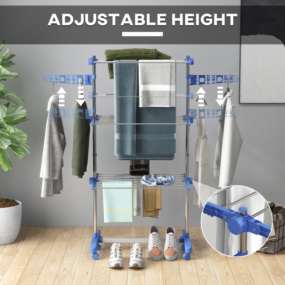 HOMCOM 3-Tier Large Clothes Airer Stainless Steel Clothes Drying Rack Blue