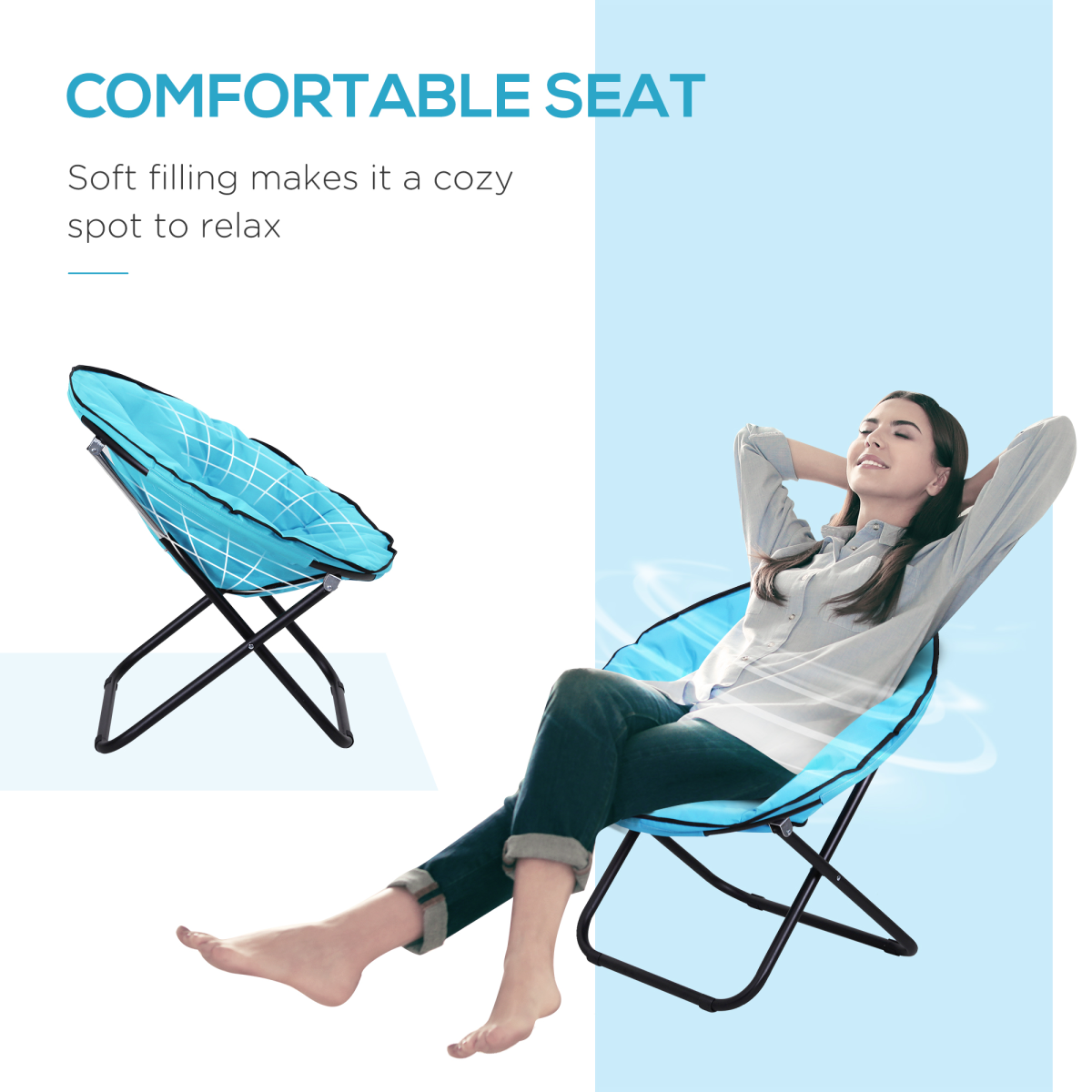 Folding Saucer Moon Chair, 80Lx80Wx75H cm, Metal Frame, 600D Oxford Cloth-Blue