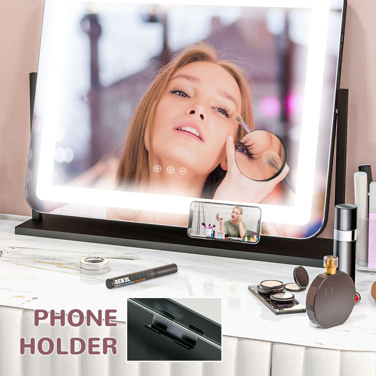HOMCOM Dimmable Lighted Makeup Mirror with Magnifier, USB Port, 360° Rotation