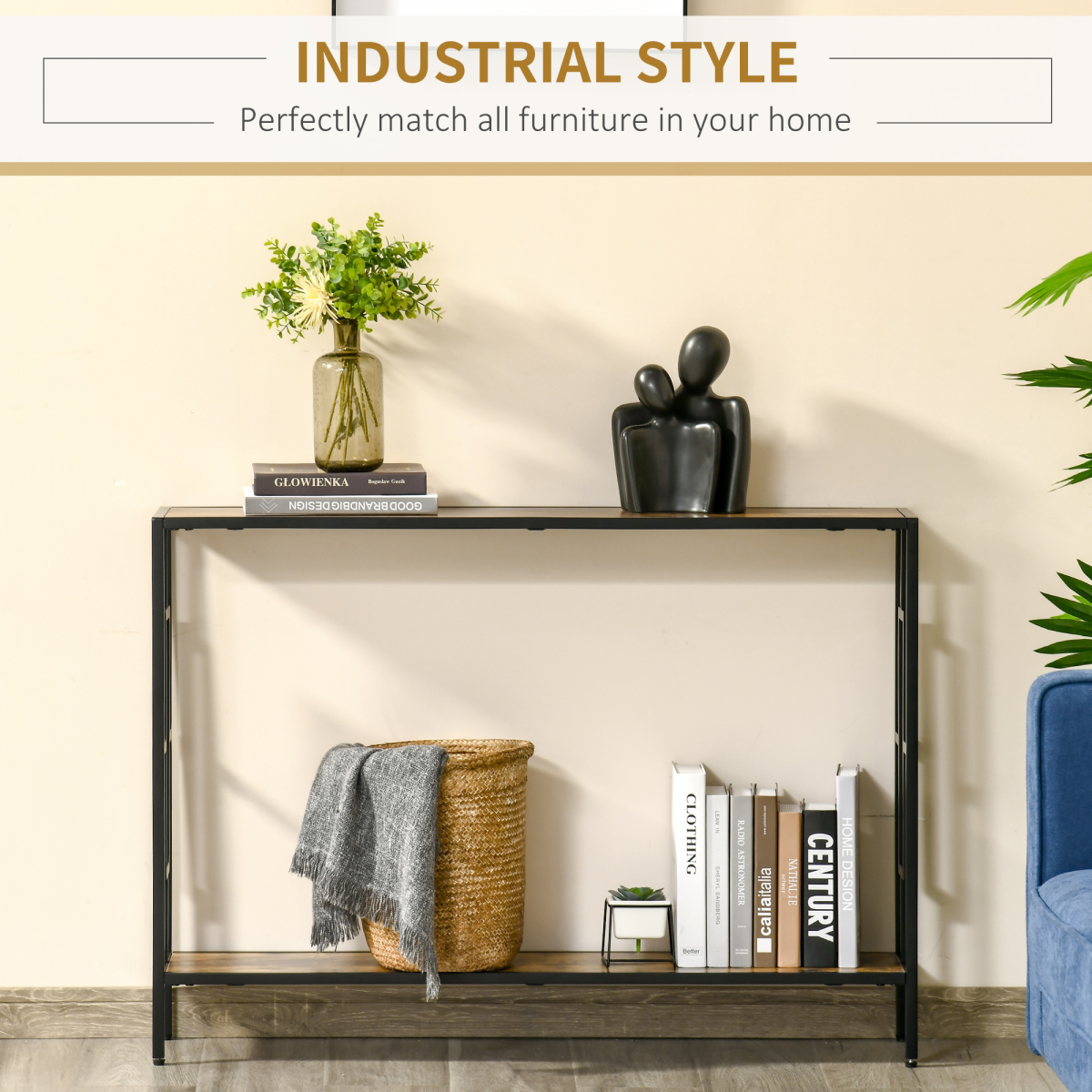 Industrial Console Table Desk with Metal Frame Rustic Brown Black