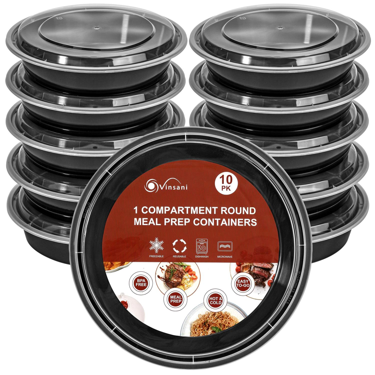 VINSANI 20pk ROUND 1 COMPARTMENT MEAL PREP CONTAINERS 1010493