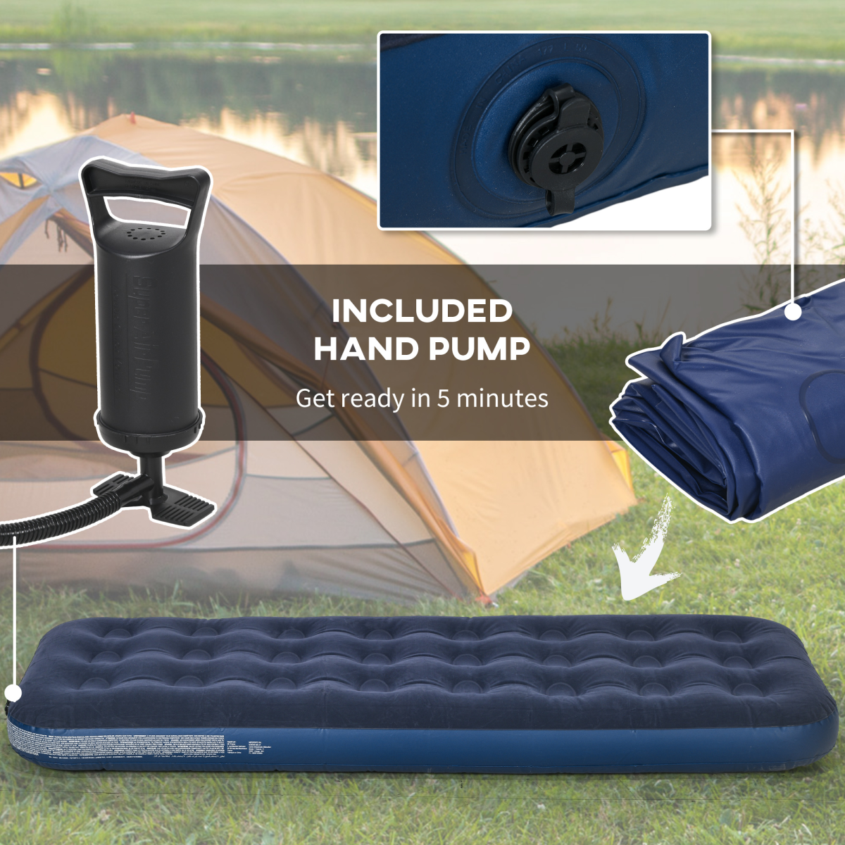 Outsunny Single Air Mattress, Portable Air Bed with Flocked Surface, Blue