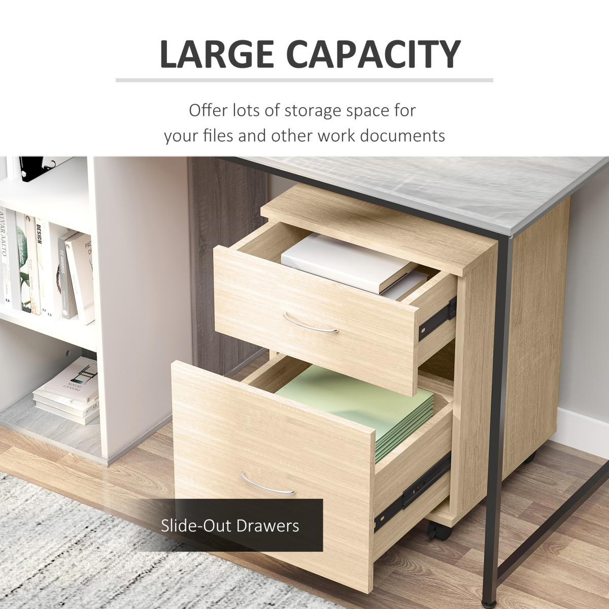 Mobile File Cabinet Wooden Side Table with 2 Drawers Pedestal Office Oak