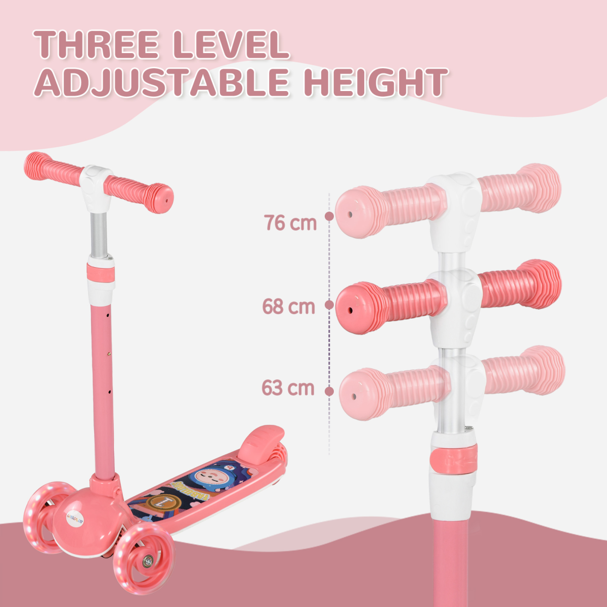 AIYAPLAY Kids 3 Wheel Scooter for 2-6 Years Old w/ Adjustable Height, Pink