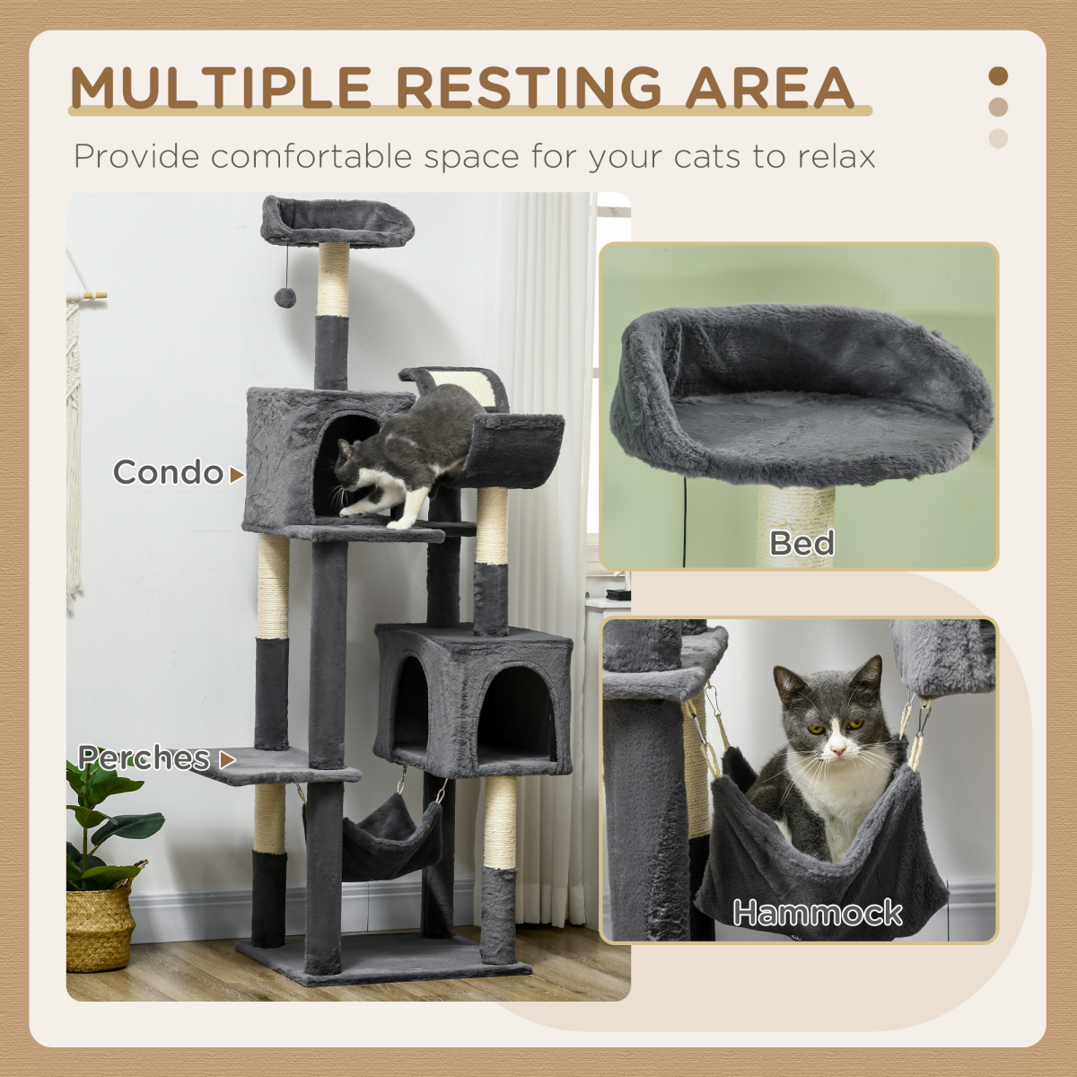 PawHut 177cm Cat Tree for Indoor Cats, Modern Cat Tower with Hammock - Dark Grey