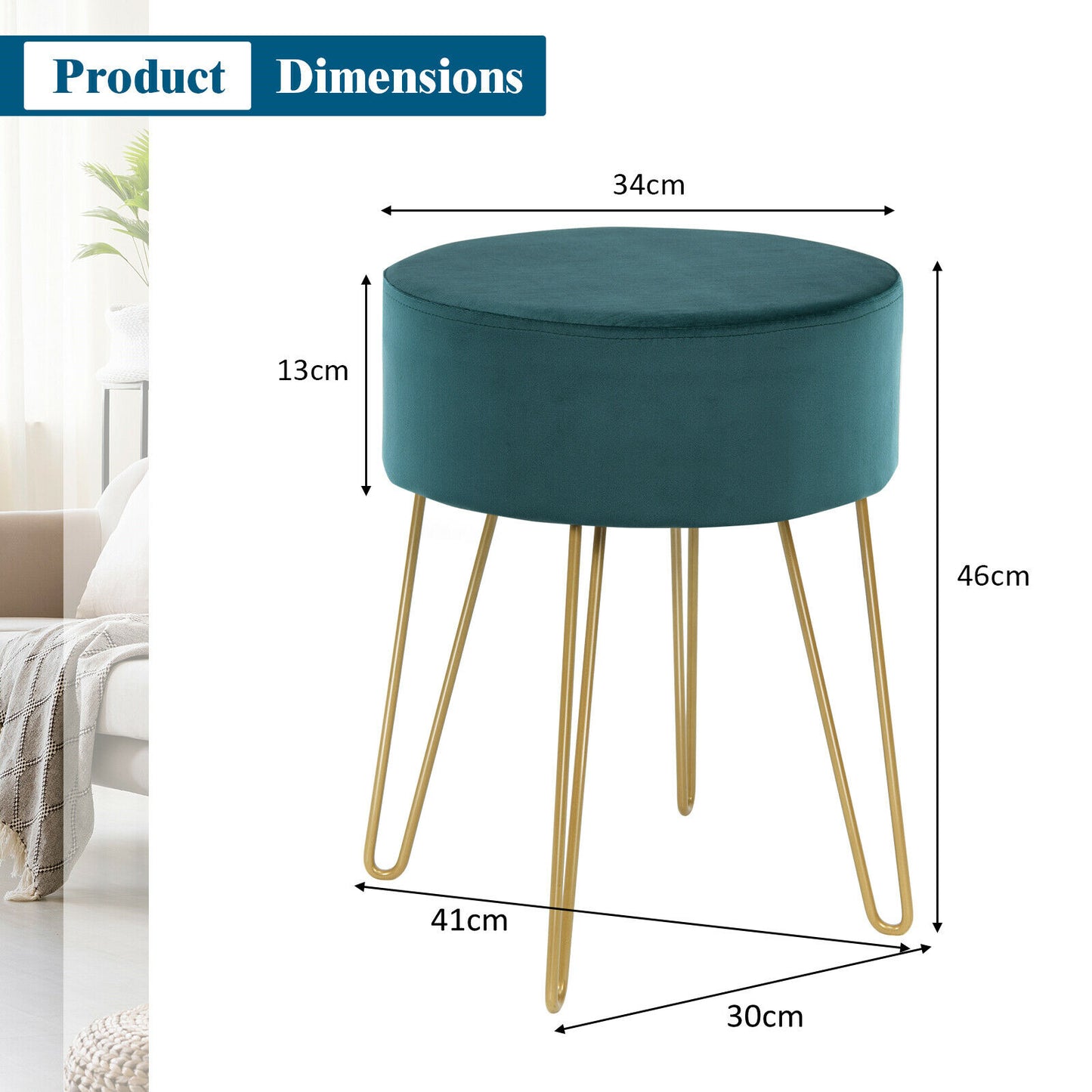 Velvet Modern Round Footstool Ottoman Makeup Dressing Chair-Blue