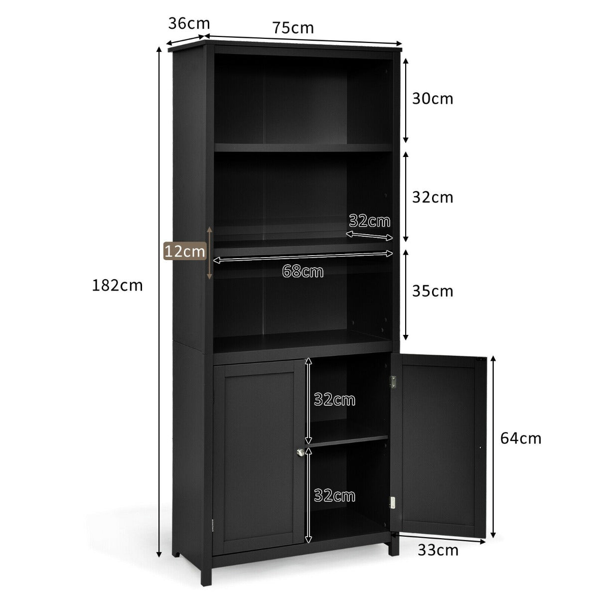 Wooden Tall Bookcase with 3-Tier Storage Cabinet-Grey