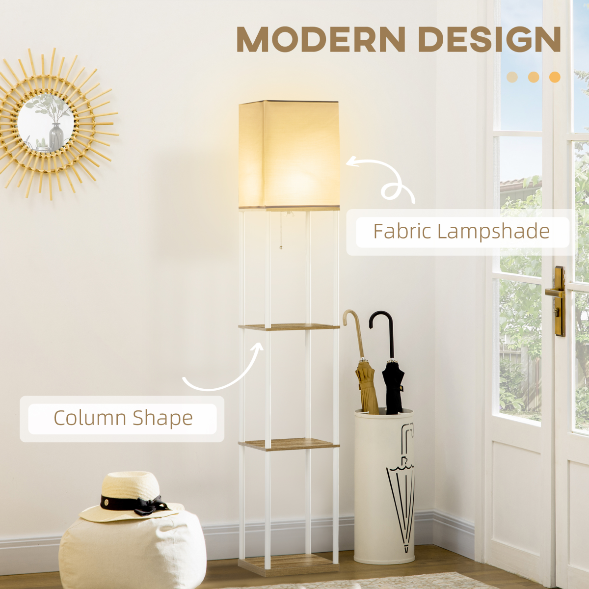 HOMCOM Modern Floor Lamp with Shelves and Fabric Lampshade for Living Room