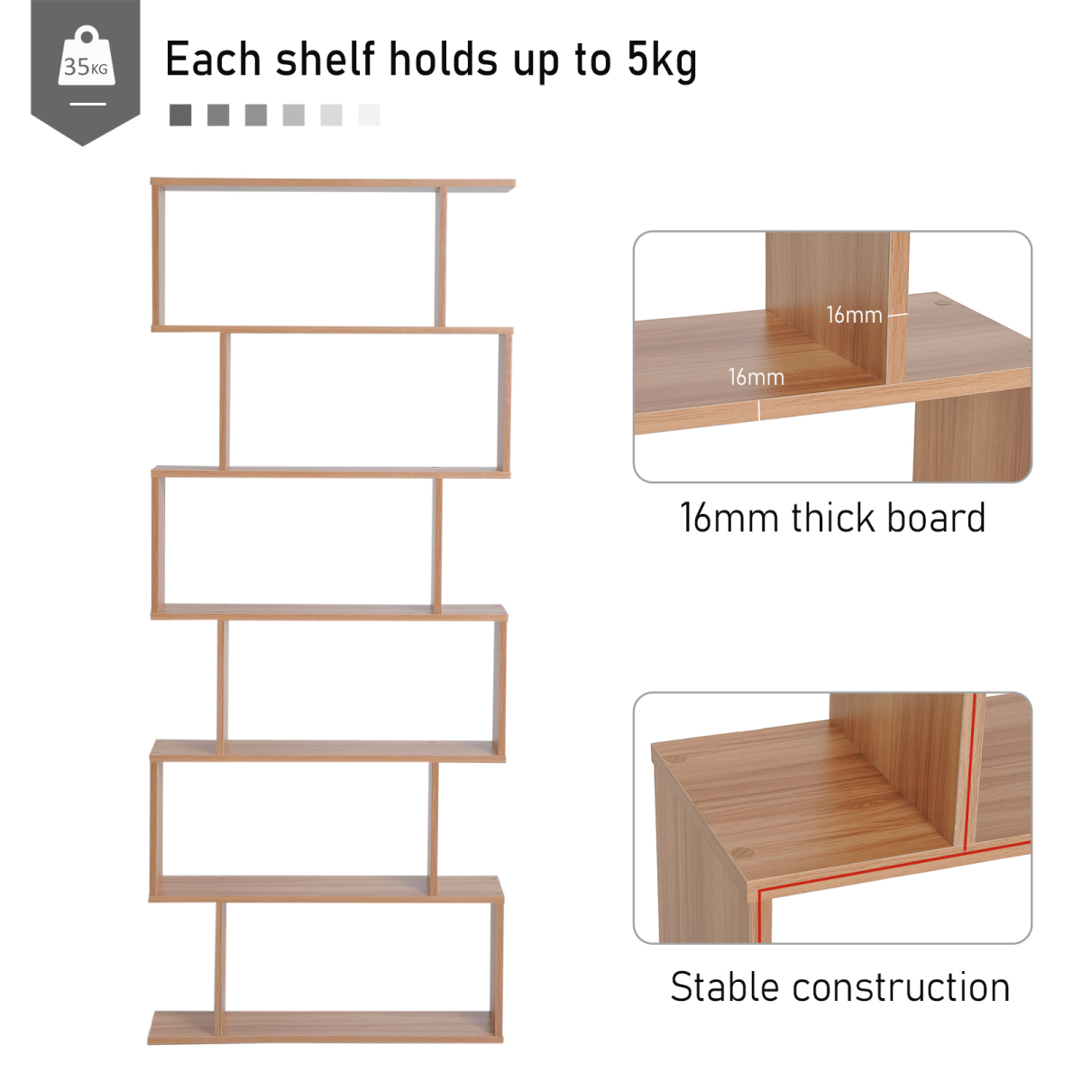 6-Tier Wooden S-Shaped Shelf Storage Unit Home Office Maple Colour