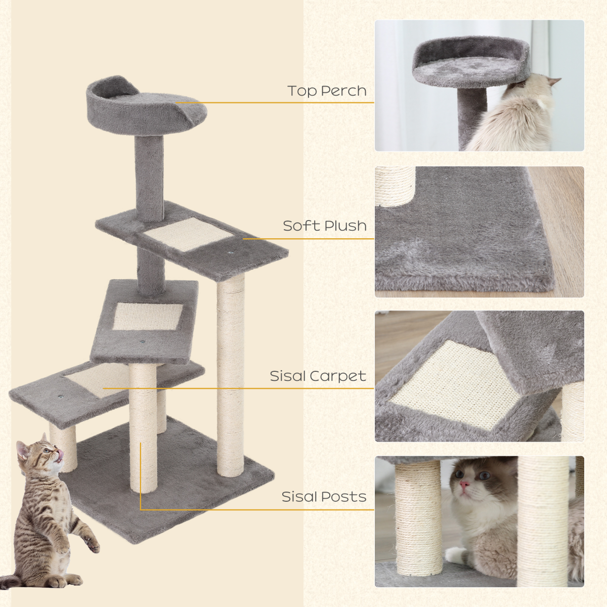 Cat Tree Activity Center Kitten Climbing Tower Scratching Post Plush Pawhut
