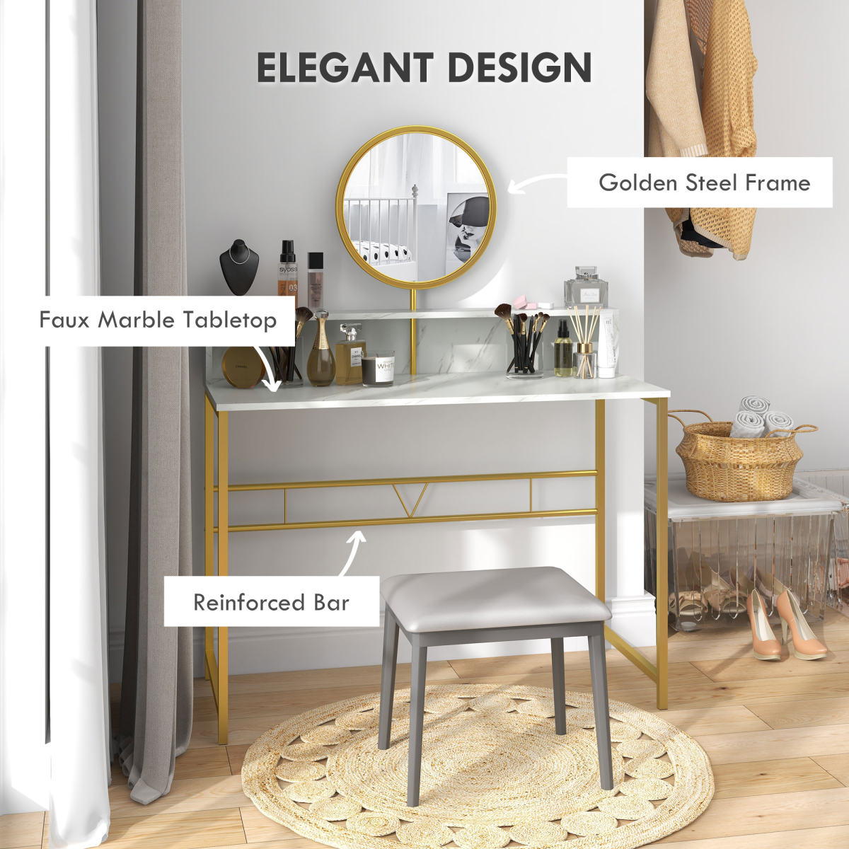 Dressing Table with Round Mirror, Vanity Makeup Desk Faux Marble Texture White