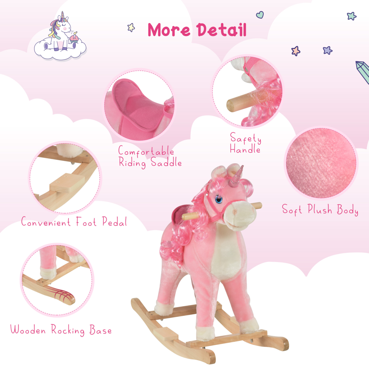 Kids Rocking Unicorn Ride-On Horse Moving Mouth Tail Sounds 36-72 Mnths