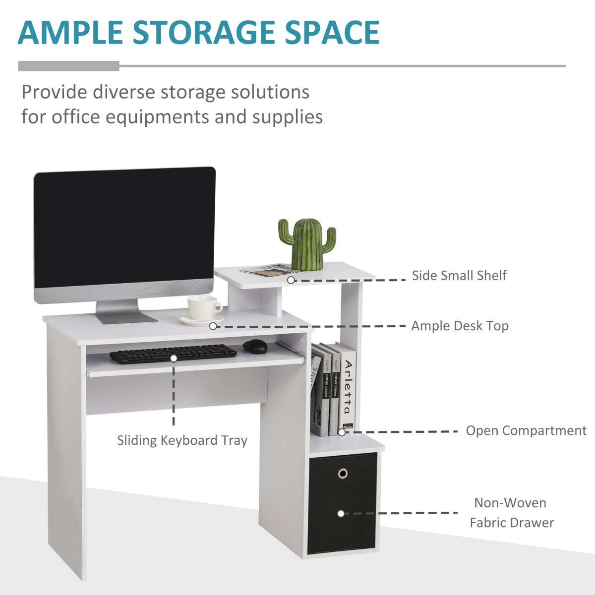 Computer Desk with Sliding Keyboard Tray Storage Drawer Shelf White