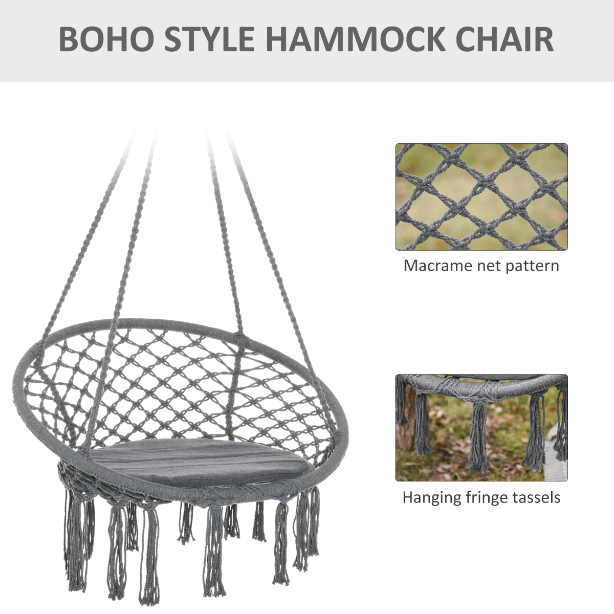 Cotton-Polyester Blend Macrame Hanging Chair Swing Hammock & Backrest, Grey