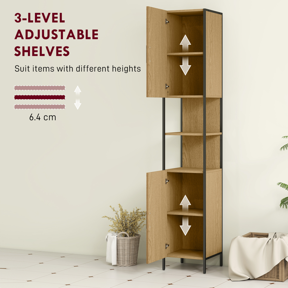 HOMCOM Slim Bathroom Storage Cabinet with 2 Doors Open Compartments Natural