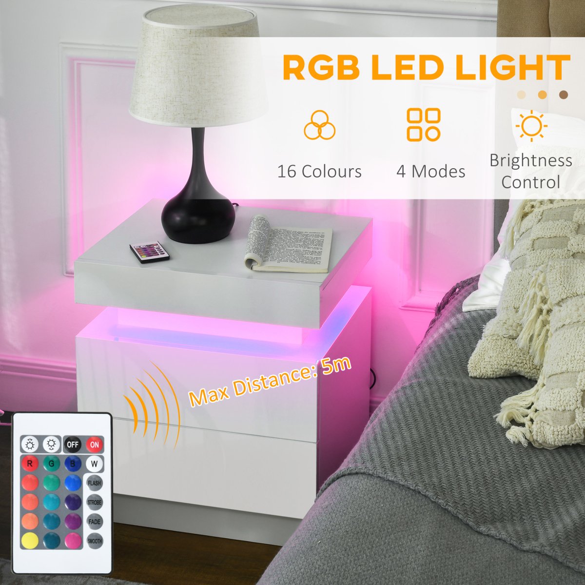 طاولة سرير جانبية من هوم كوم باللون الأبيض، طاولة ليلية بطلاء لامع مع إضاءة LED، ودرجين