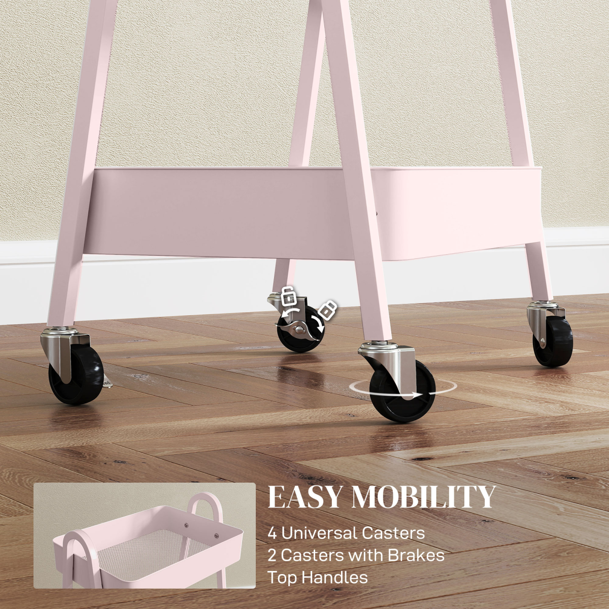 HOMCOM 3-Tier Rolling Utility Cart Kitchen Storage Trolley on Wheels Pink