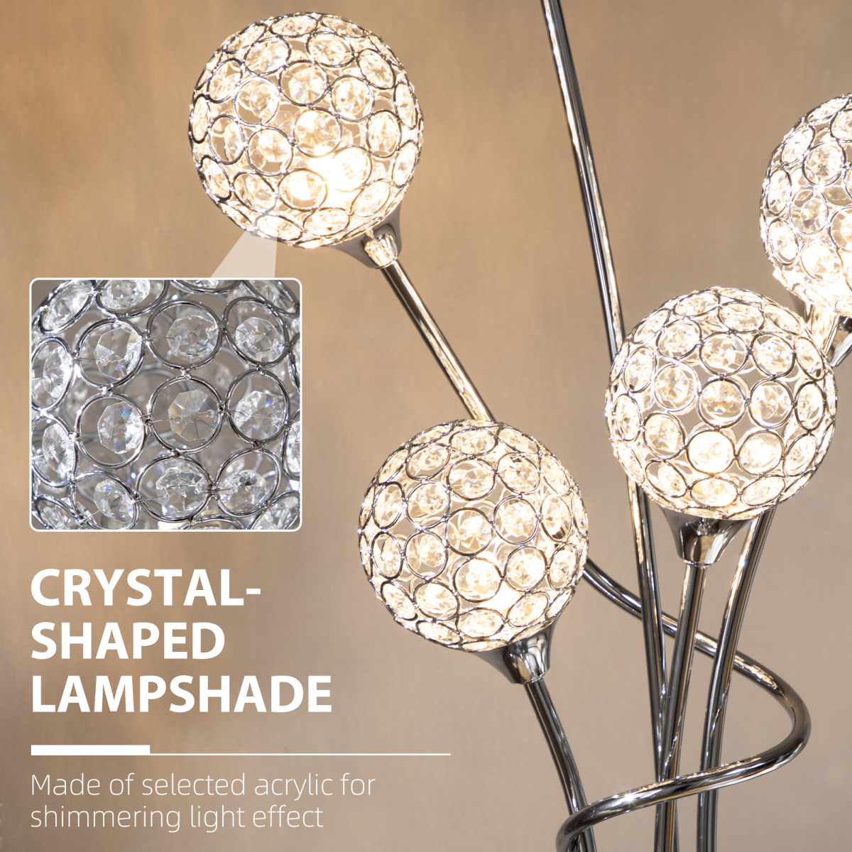 Sparkling K9 Crystal Floor Lamp, 5 Light Upright Standing, Silver - High Quality