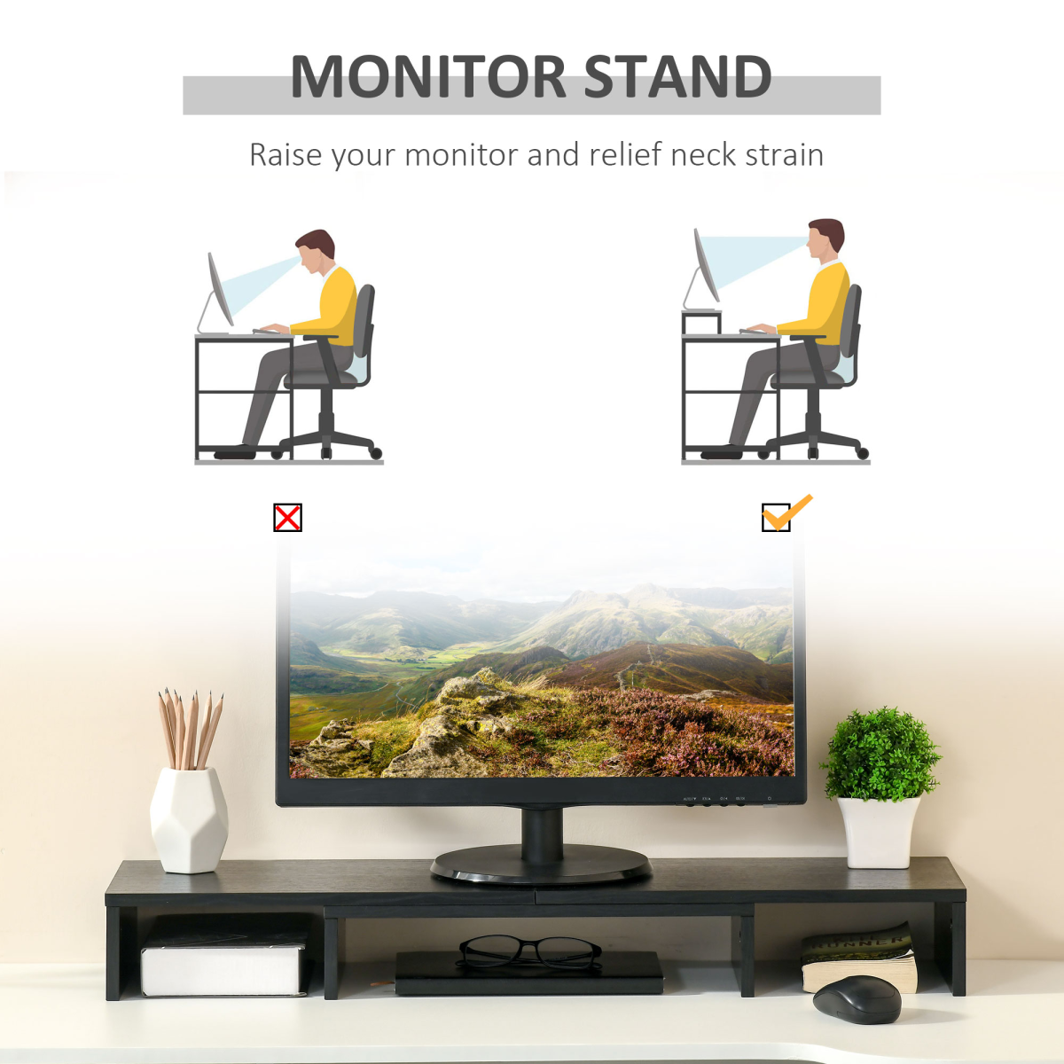 Monitor Stand Screen Riser w/ Adjustable Length for Two Laptop Max Vinsetto