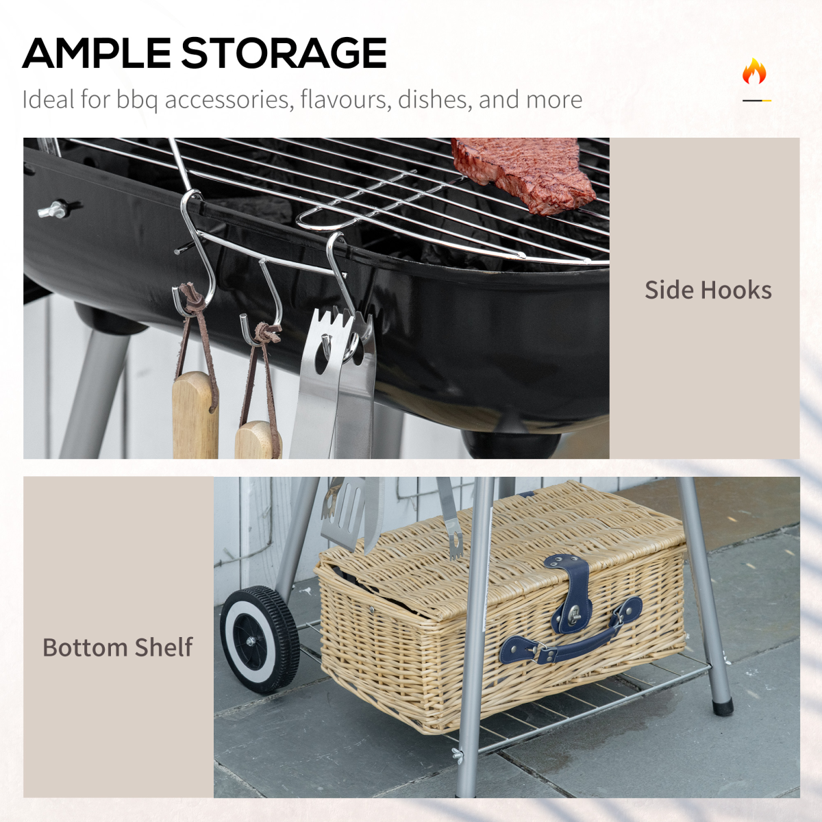 Outsunny BBQ Charcoal Smoker Grill Trolley with 2 Wheels and Grilling Utensils