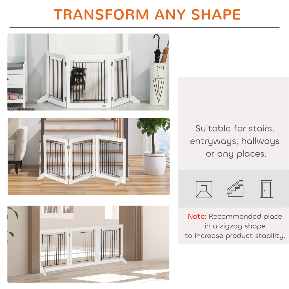 Foldable Dog Gate Freestanding Wooden Pet Barrier w/ 3 Panels, 2 Support Feet