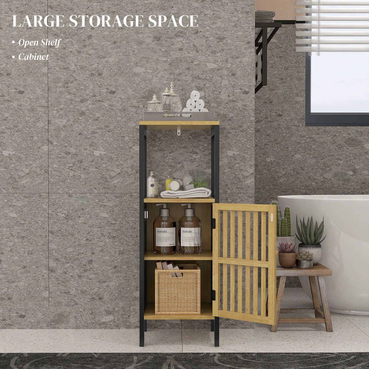 HOMCOM Bathroom Floor Cabinet Bamboo Bathroom Cupboard with Adjustable Shelf