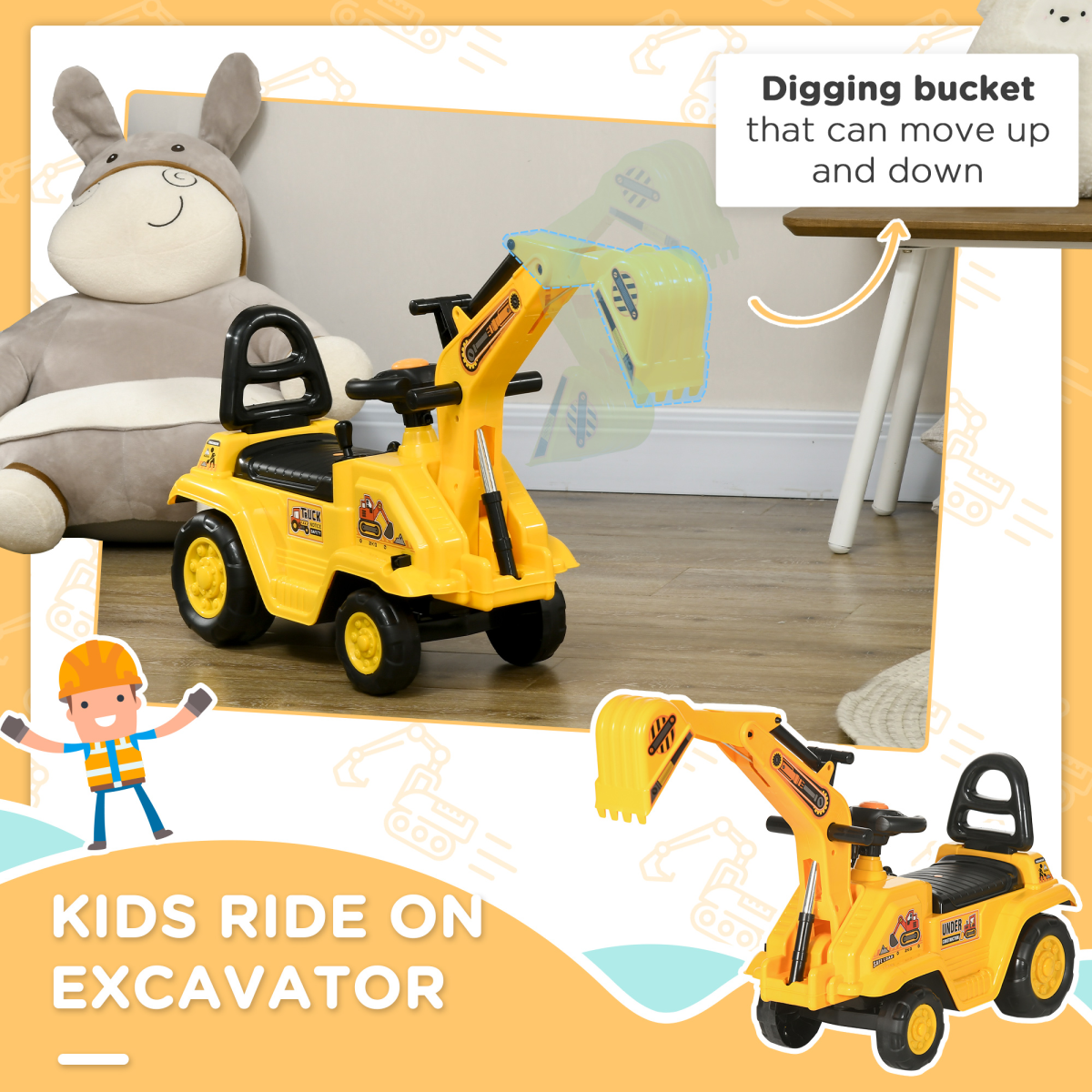 HOMCOM 2 in 1 Kids Ride On Tractor with Bucke, for 1.5-4 Years Old, NO POWER