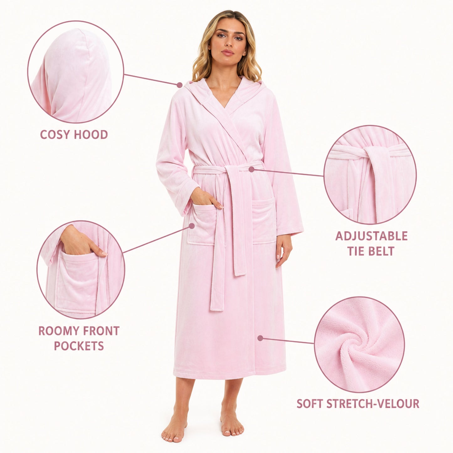 Daisy Dreamer Women's Hooded Velour Bathrobe Ultra Soft Luxurious Pink And Grey Cosy Super Soft Hotel-Style Robe