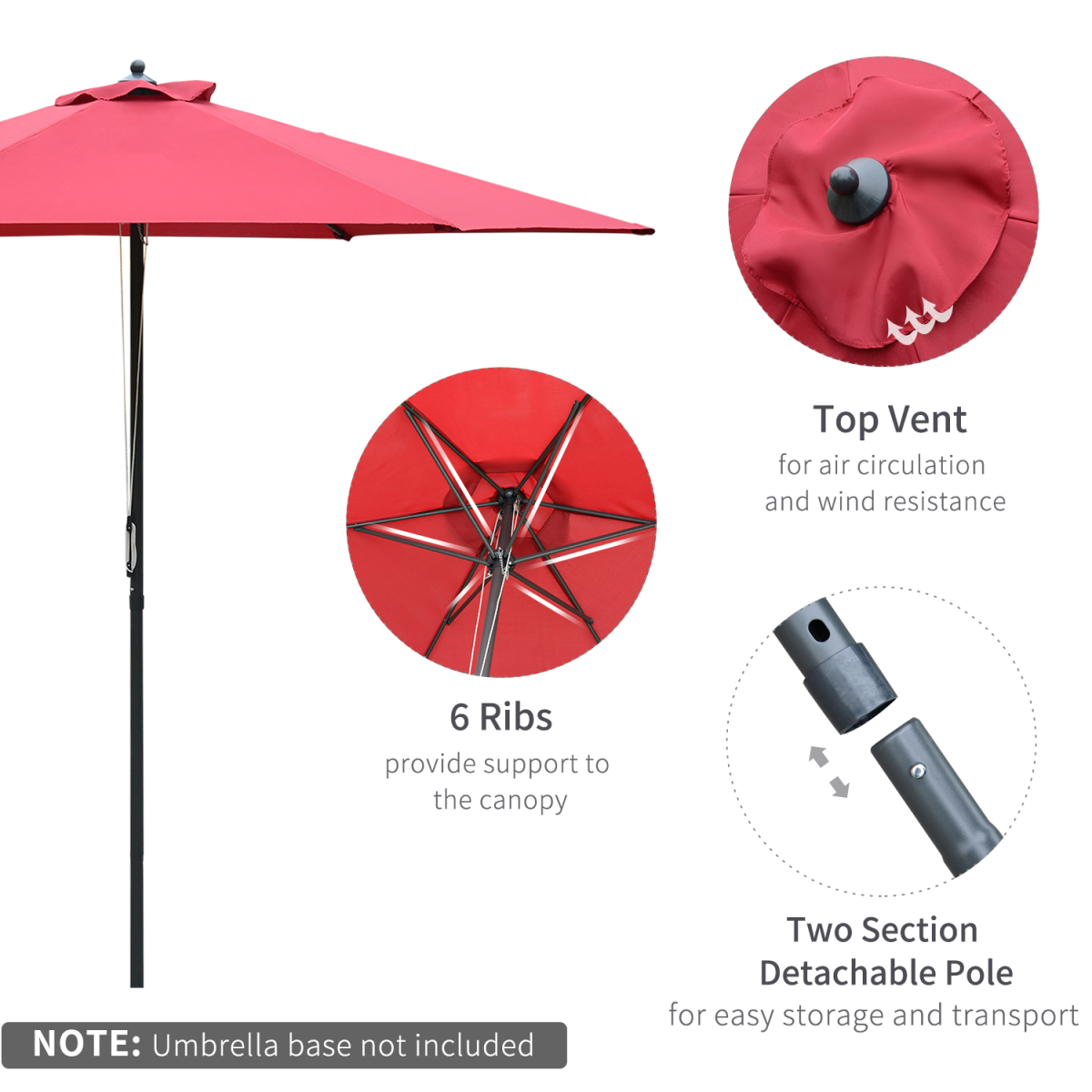 Outsunny Umbrella Parasol ?2.8x2.4 m, Steel, Polyester-Wine Red